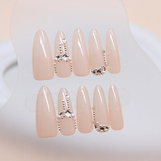 Elegant Bridal Long Stiletto Beige Press on Nails with Rhinestone Accents