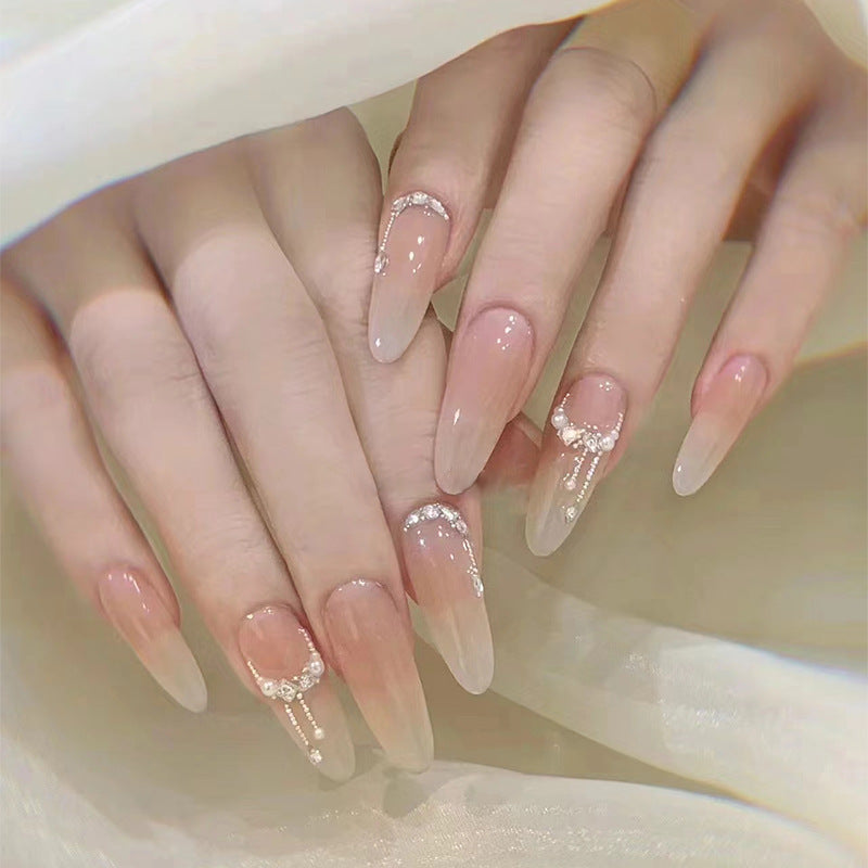 Elegant Bridal Long Almond Beige Press On Nail Set with Sparkling Rhinestone Accents