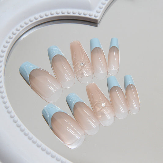 Elegant Springtime Long Coffin Beige and Baby Blue Press On Nail Set with Floral Accents