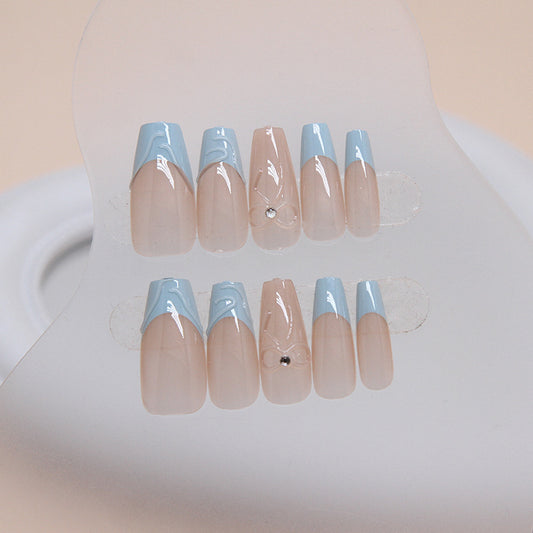 Ocean Breeze Long Coffin Beige and Sky Blue Press On Nail Set with Rhinestone Accents