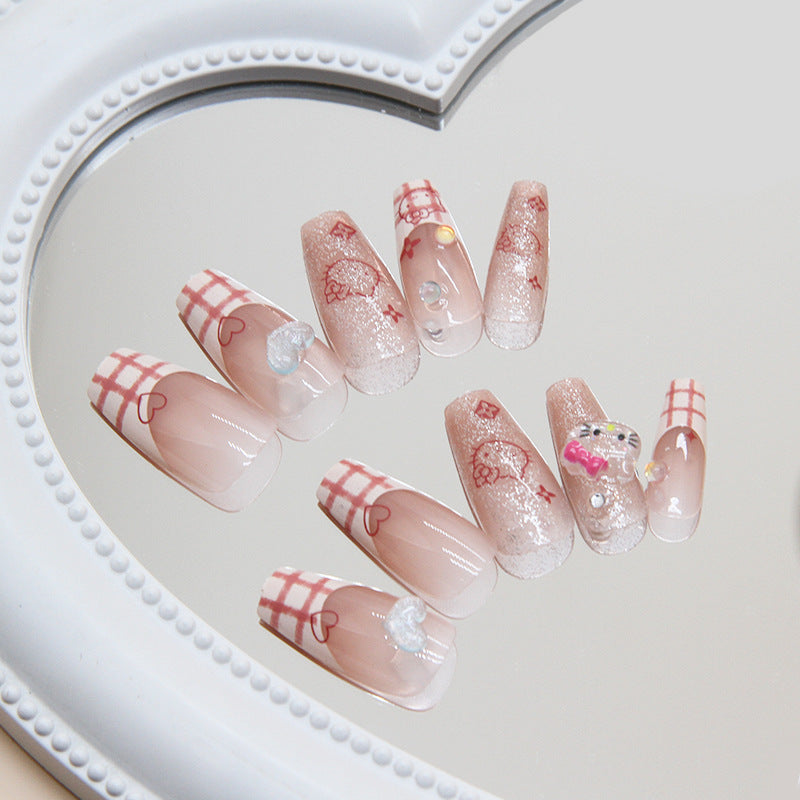 Enchanted Garden Long Coffin Pink Press On Nail Set with Floral Accents and Rhinestone Embellishments