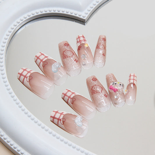 Enchanted Garden Long Coffin Pink Press On Nail Set with Floral Accents and Rhinestone Embellishments