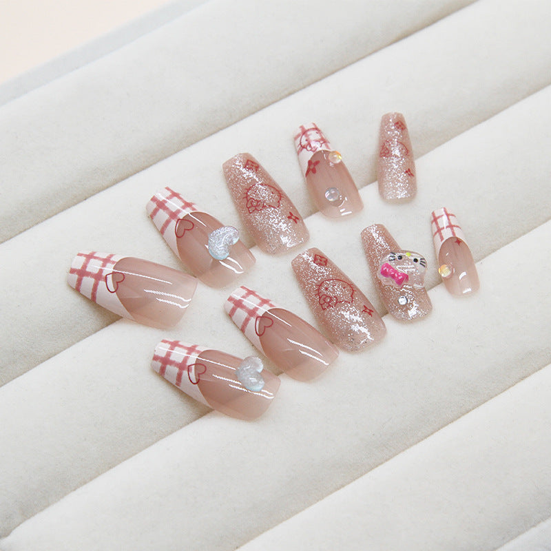 Winter Wonderland Long Coffin Pink Glitter Press On Nail Set with Snowflake Charms