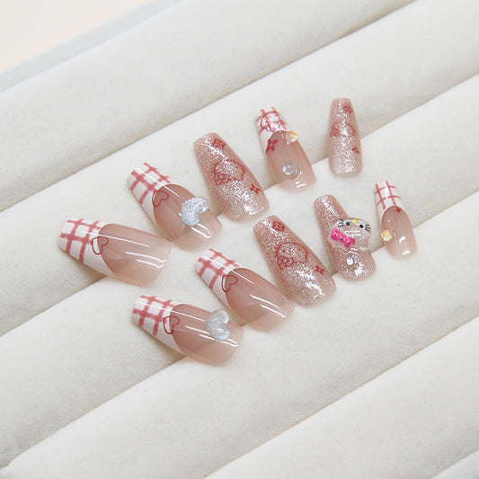 Winter Wonderland Long Coffin Pink Glitter Press On Nail Set with Snowflake Charms