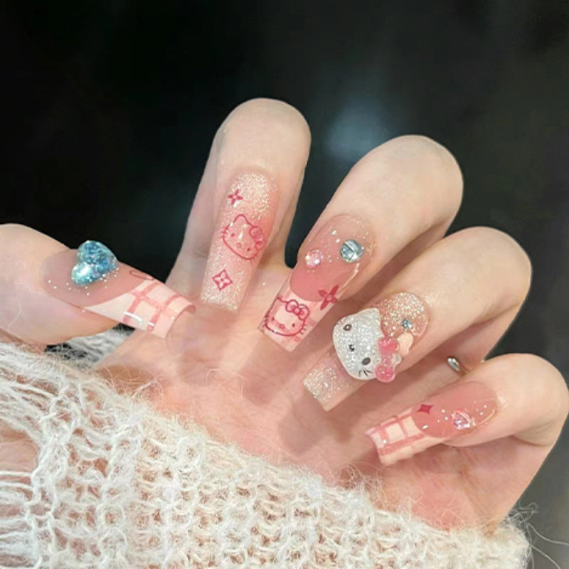 Enchanted Kawaii Long Coffin Pink Glitter Press On Nail Set With 3D Charms And Embellishments