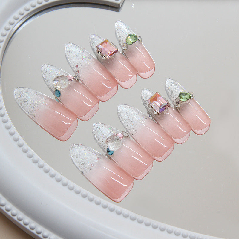 Enchanted Evening Long Almond Pink Press On Nails with Glitter Accents and Gemstones
