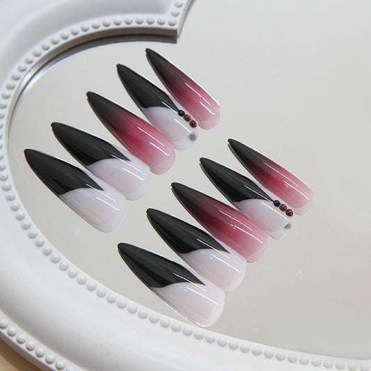 Gothic Elegance Long Stiletto Press On Nail Set Black Pink Gradient with Gem Accents