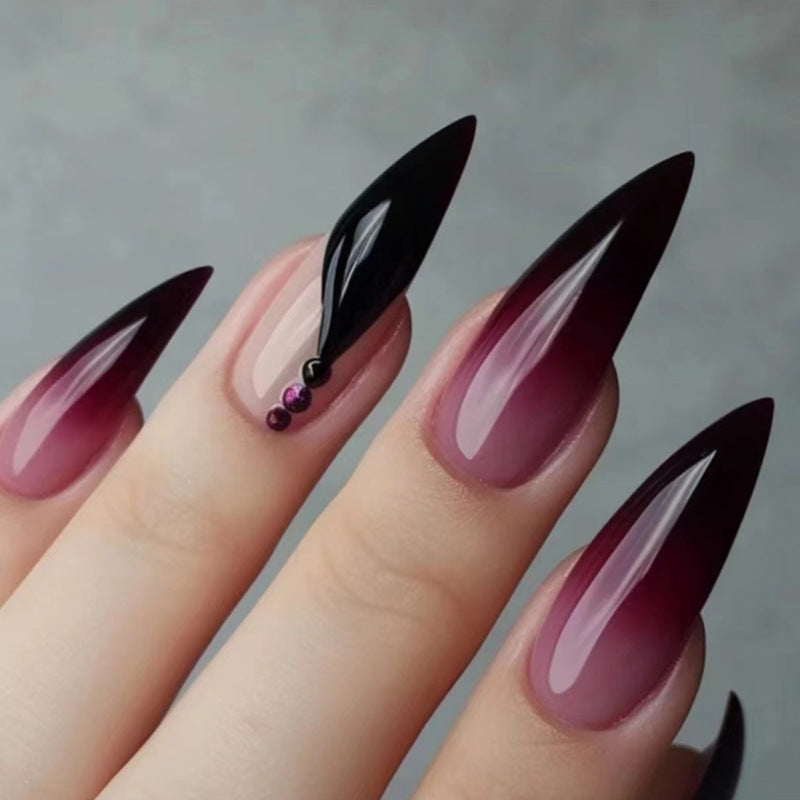 Mystical Twilight Long Stiletto Ombre Purple and Black Press On Nail Set with Unique Beaded Design