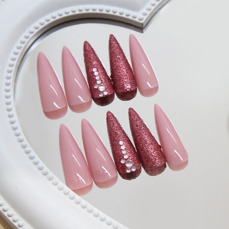 Glamorous Elegance Long Stiletto Pink and Glittering Burgundy Press On Nail Set with Rhinestone Embellishments