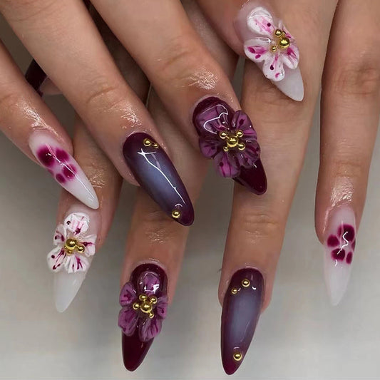 Floral Elegance Long Almond Purple and White Press On Nail Set with 3D Flower Art Design