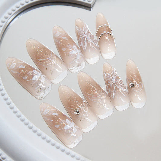 Elegant Bridal Long Almond Beige Press On Nails with White Floral Art and Rhinestone Accents