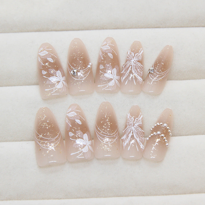 Elegant Bridal Long Almond Beige Press On Nail Set with Floral Embellishments and Rhinestone Accents