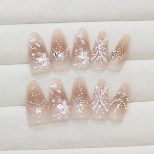 Elegant Bridal Long Almond Beige Press On Nail Set with Floral Embellishments and Rhinestone Accents