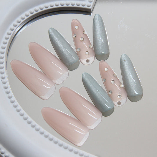 Elegant Serenity Matte Long Almond Shape Soft Pink and Shimmery Blue with Rhinestone Accents Press On Nail Set