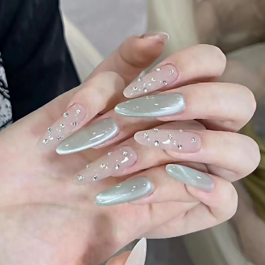 Glamorous Stardust Long Almond Shaped Silver Ombre Press On Nail Set with Sparkling Rhinestones