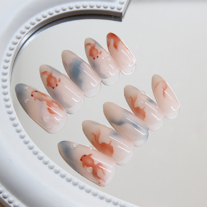 Elegant Marbled Bliss Medium Almond Shape Translucent Press On Nail Set with Abstract Red Swirl Design