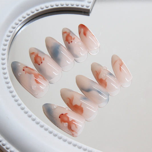 Elegant Marbled Bliss Medium Almond Shape Translucent Press On Nail Set with Abstract Red Swirl Design