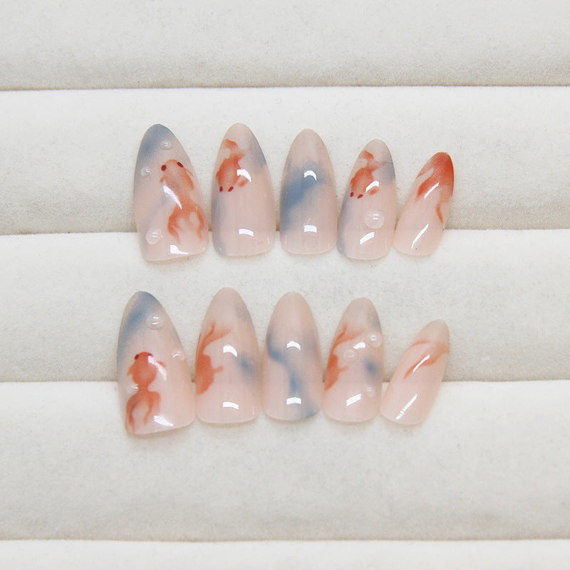 Ethereal Marble Collection Medium Almond Beige and Red Swirl Press On Nail Set with Glossy Finish
