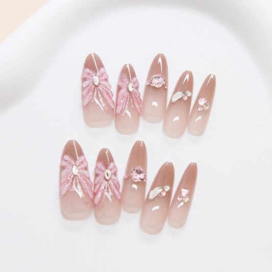 Blossom Elegance Extra Long Almond Pink Press On Nail Set with Gemstone Floral Designs