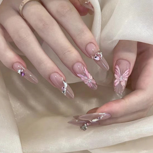 Dreamy Butterfly Blossom Long Almond Pink Press On Nail Set with Elegant Gemstones