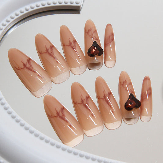 Elegant Marble Effect Almond Shape Long Beige Press On Nail Set with Luxurious Gemstone Accent