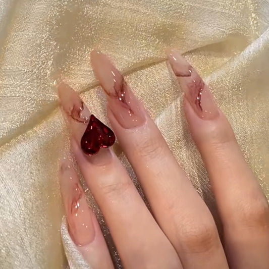 Romantic Elegance Long Almond Beige and Brown Marble Press On Nail Set with Heart Charm Feature