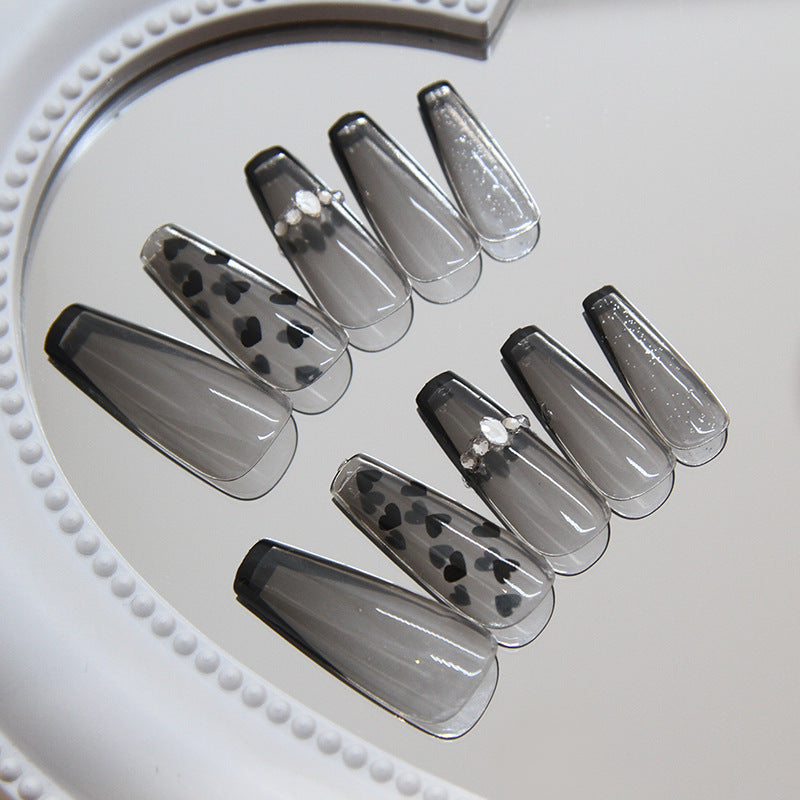 Chic Romance Long Coffin Press On Nail Set Transparent Gray with Heart Designs and Rhinestone Accents