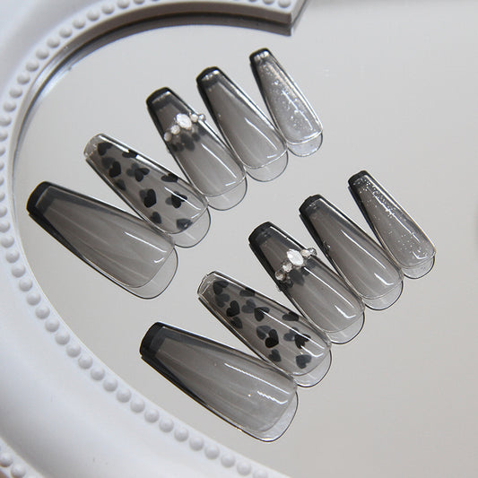 Chic Romance Long Coffin Press On Nail Set Transparent Gray with Heart Designs and Rhinestone Accents