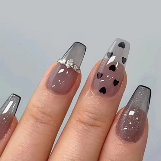 Chic Romance Long Coffin Gray Ombre Press On Nail Set with Heart Design and Rhinestone Accent