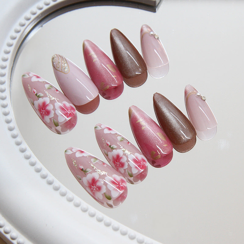 Cherry Blossom Dream Long Almond Pink and Brown Press On Nail Set with Floral Designs and Glitter Accents
