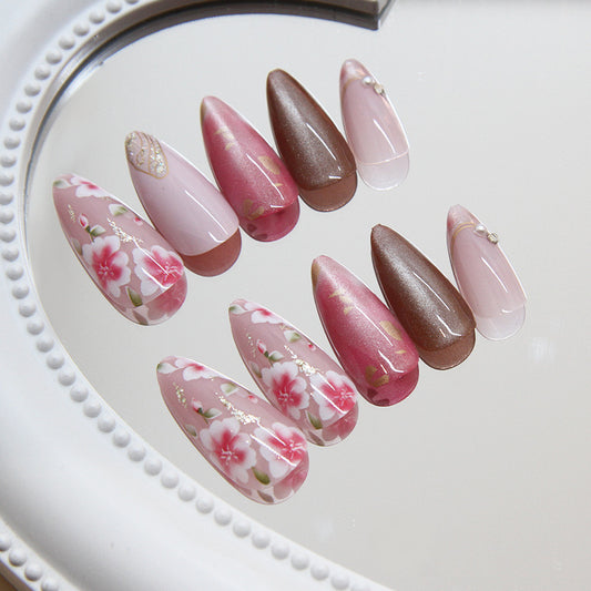Cherry Blossom Dream Long Almond Pink and Brown Press On Nail Set with Floral Designs and Glitter Accents