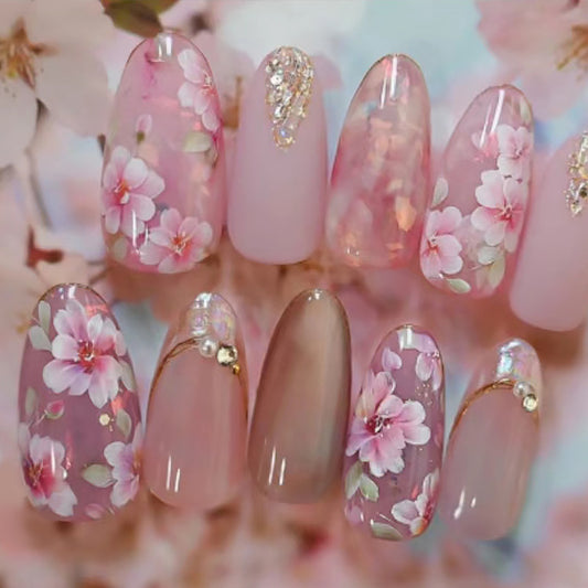 Cherry Blossom Dream Press On Nail Set Long Oval Pink Floral Design with Gem Accents