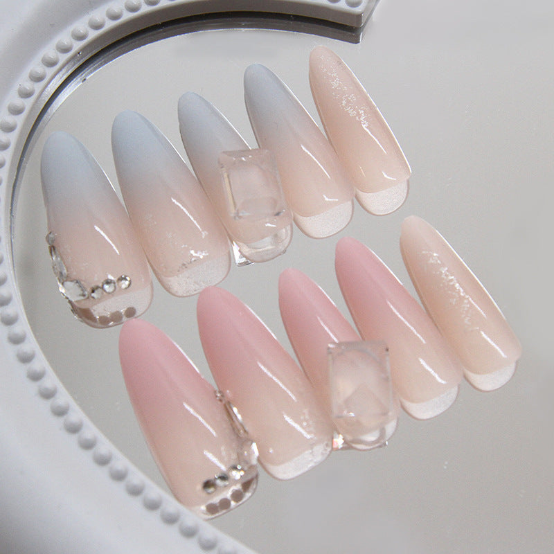 Dreamy Ombre Long Almond Press On Nail Set in Gradient Blue and Pink with Gem Accents