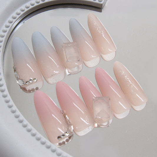 Dreamy Ombre Long Almond Press On Nail Set in Gradient Blue and Pink with Gem Accents