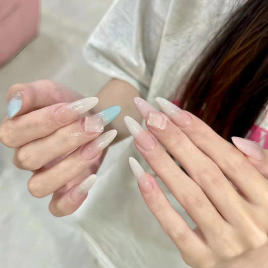 Crystal Dream Ombre Almond Extra Long Press On Nail Set with Iridescent Accents