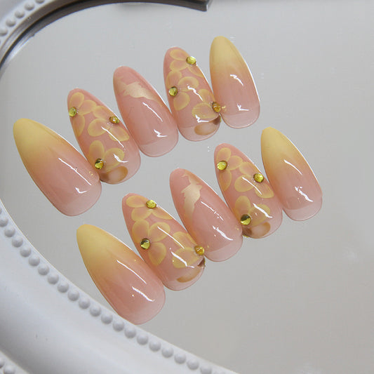 Blossom Garden Medium Almond Pink Ombre Press On Nail Set with Floral Design and Rhinestone Accents