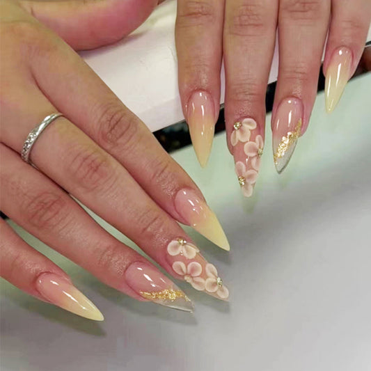 Garden Bliss Long Stiletto Press On Nail Set Soft Yellow Elegant Floral Design with Glitter Accents