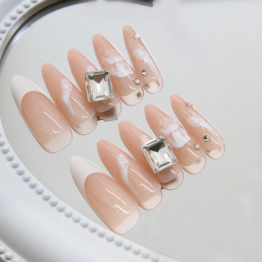 Chic Elegance Long Almond Blush Pink Press On Nail Set with Gemstone Accents and Artistic Design