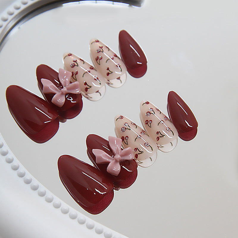 Cherry Blossom Elegance Medium Almond Burgundy and Off-White Press On Nail Set with Cute Bow Accent