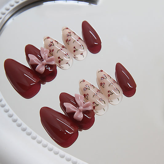 Cherry Blossom Elegance Medium Almond Burgundy and Off-White Press On Nail Set with Cute Bow Accent