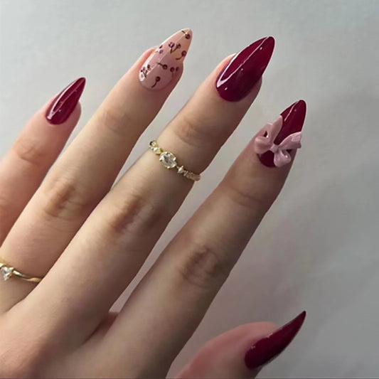 Chic Glamourous Medium Almond Shaped Deep Red and Pink Floral Press On Nail Set with 3D Bow Detail