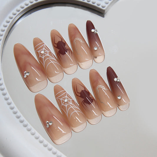 Spooky Spider Themed Long Almond Shape Beige and Brown Press On Nail Set with Crystal Accents and Web Design