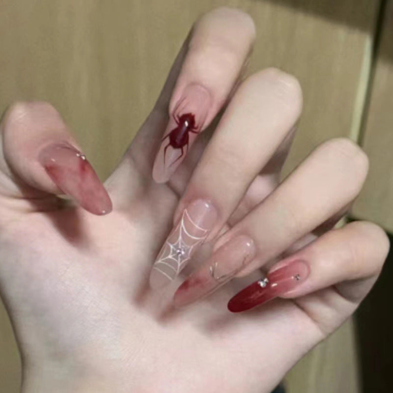 Spooky Spider Themed Long Stiletto Red Ombr‚Äö√¢√†≈í¬© Press On Nail Set with Intricate Web Design and Rhinestone Accent