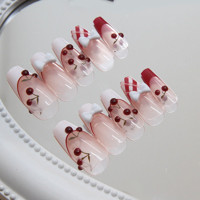 Cherry Blossom Delight Long Coffin Pink Press on Nail Set with Bow and Berry Design