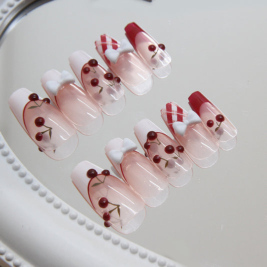 Cherry Blossom Delight Long Coffin Pink Press on Nail Set with Bow and Berry Design