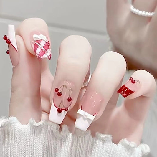 Cherry Blossom Bliss Long Coffin Red and White Press On Nail Set with Charming Cherry Designs