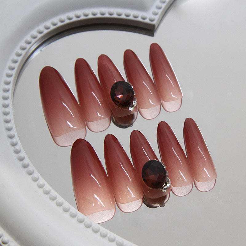 Elegant Rose Fantasy Long Almond Ombre Pink Press On Nail Set with Jewel Accent
