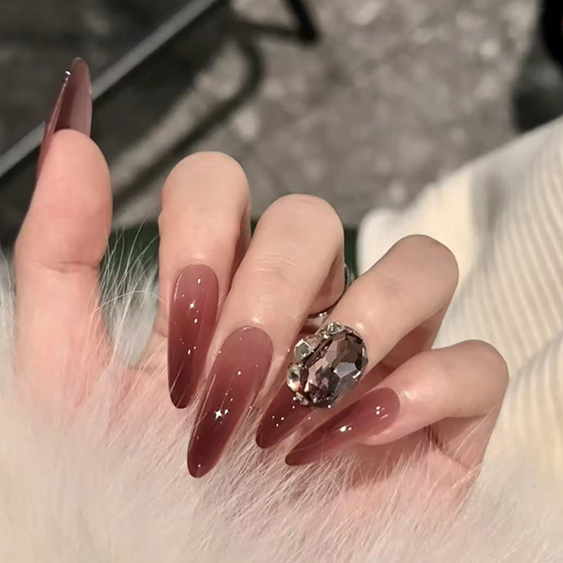 Glamorous Autumn Elegance Long Almond Burgundy Press On Nail Set with Stunning Glitter Shine