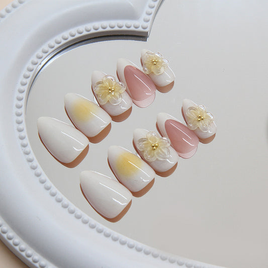Flower Garden Inspired Medium Almond White and Pink Press On Nail Set with Floral Accents