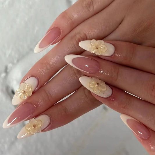 Chic Floral Fantasy Long Almond Beige and Cream Press On Nail Set with Elegant 3D Flower Accents